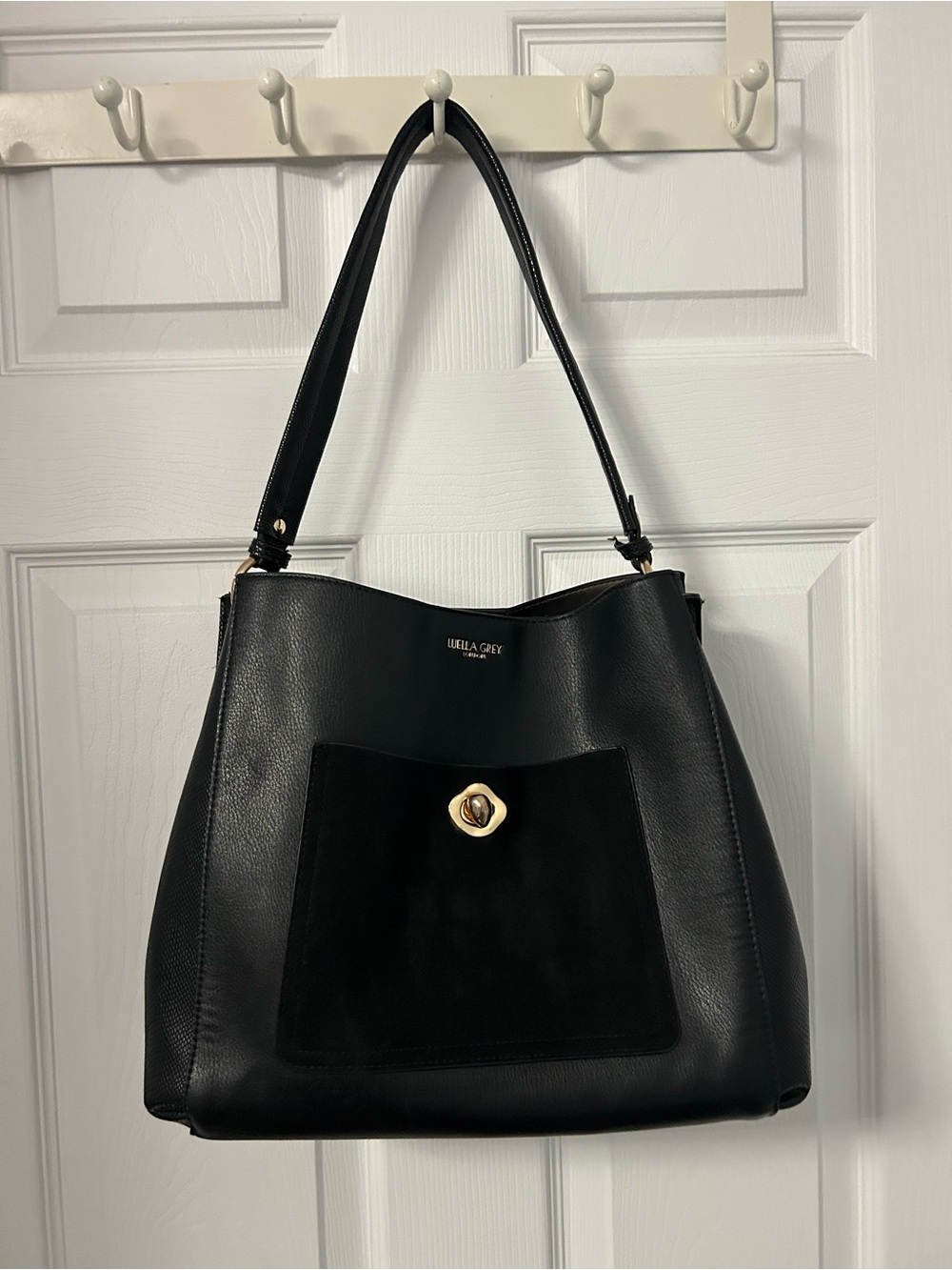 Louella Grey Black Leather Shoulder Bag with Suede Front Pocket